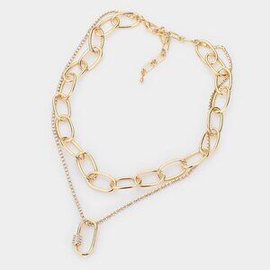 NEW Golden Double Layered Chain Rhinestone Oval Pendant Necklace